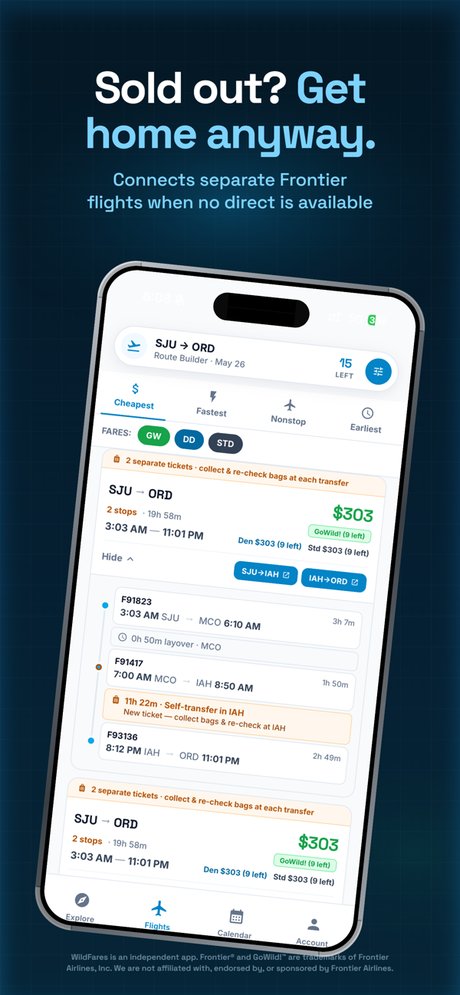 WildFares iOS app route builder connecting separate Frontier flights