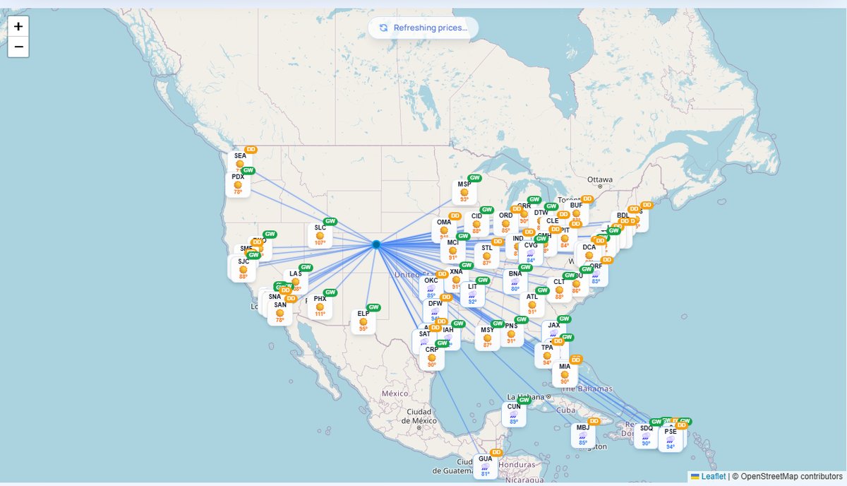 WildFares map showing every GoWild destination reachable from Denver with fare type badges and weather