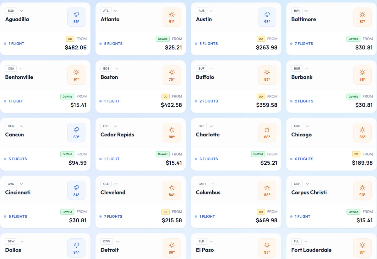 WildFares search results showing GoWild fares from 15.41 across dozens of destinations from Denver